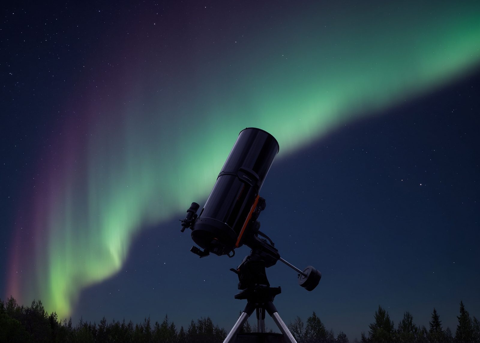 Telescoop van het Halo-observatorium onder het noorderlicht tijdens de Halo Sky Odyssey